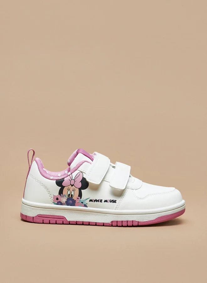 ديزني Girls Minnie Mouse Print Sneakers with Hook and Loop Closure