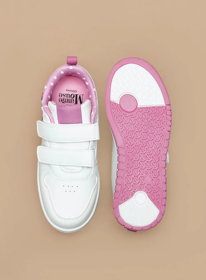 ديزني Girls Minnie Mouse Print Sneakers with Hook and Loop Closure