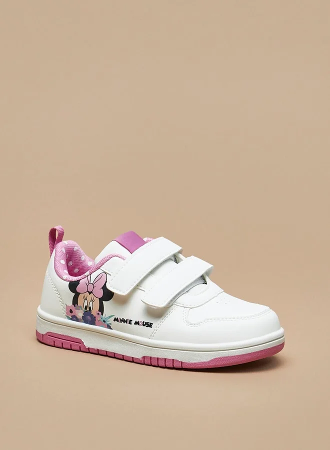 ديزني Girls Minnie Mouse Print Sneakers with Hook and Loop Closure