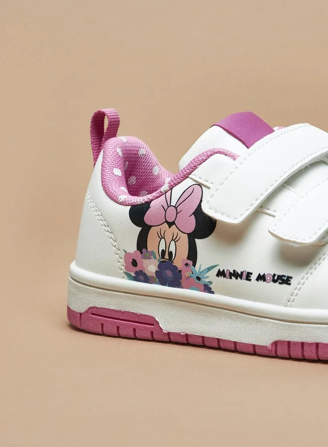 ديزني Girls Minnie Mouse Print Sneakers with Hook and Loop Closure