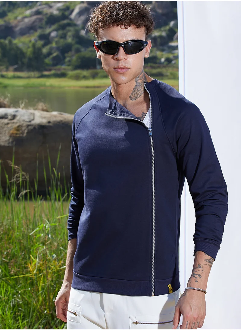 كامبوس سوترا Men's Navy Blue Sweatshirt With Asymmetriclal Zip