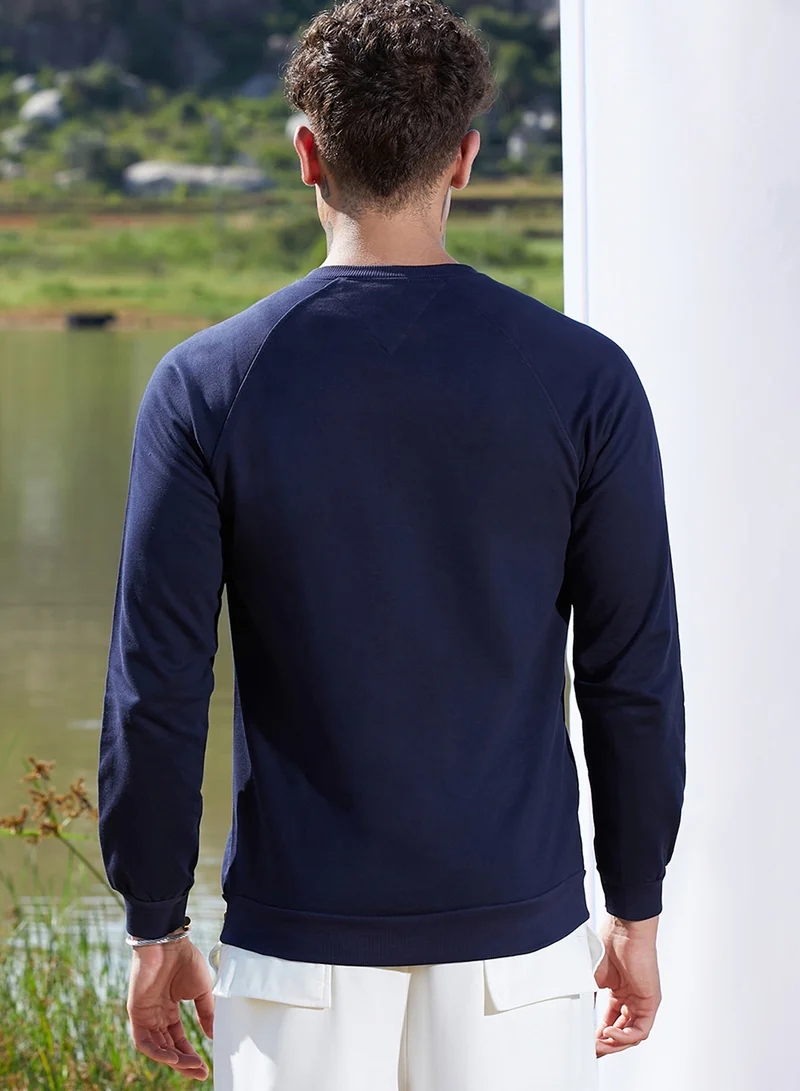 Campus Sutra Men's Navy Blue Sweatshirt With Asymmetriclal Zip
