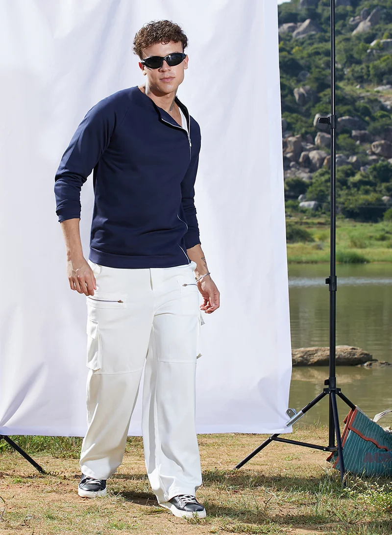 Campus Sutra Men's Navy Blue Sweatshirt With Asymmetriclal Zip