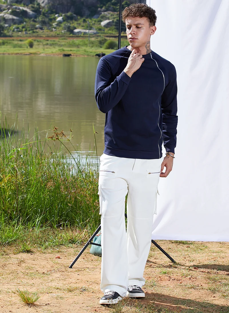 Campus Sutra Men's Navy Blue Sweatshirt With Asymmetriclal Zip