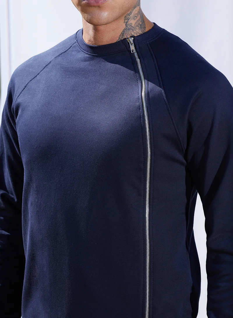 Campus Sutra Men's Navy Blue Sweatshirt With Asymmetriclal Zip
