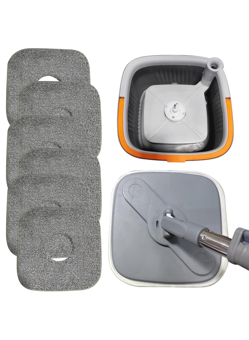 اليسا مجموعة ممسحة سبين باكيت المسطحة والمربعة - 6 وسادات من الألياف الدقيقة قابلة للغسل، ومكشطة شعر مدمجة، ومقبض من الفولاذ المقاوم للصدأ بزاوية 360 درجة لتنظيف الأرضيات بدون استخدام اليدين - Image 1