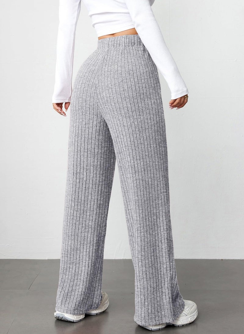 Aleumdr Women's Ribbed Knit Lounge Pants with Pockets for 2026 Fall Wide Leg Pajama Pants Comfy Loose Soft Relaxed Elastic Waist Casual Pants with Drawstring Grey Medium - Image 3