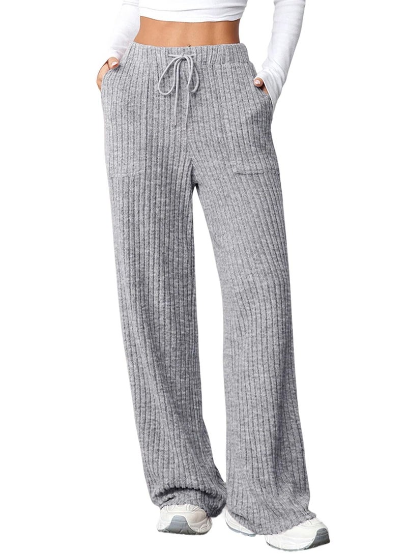Aleumdr Women's Ribbed Knit Lounge Pants with Pockets for 2026 Fall Wide Leg Pajama Pants Comfy Loose Soft Relaxed Elastic Waist Casual Pants with Drawstring Grey Medium - Image 1
