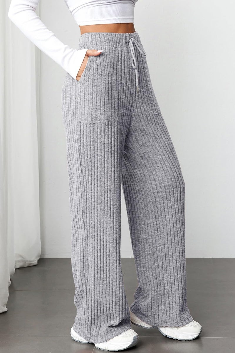 Aleumdr Women's Ribbed Knit Lounge Pants with Pockets for 2026 Fall Wide Leg Pajama Pants Comfy Loose Soft Relaxed Elastic Waist Casual Pants with Drawstring Grey Medium - Image 2