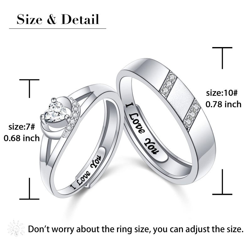 Yearace Endless Love Couple Rings, 925 Sterling Silver Promise Ring for Couples Romantic Heart Cubic Zirconia, Adjustable Engagement Wedding Ring for Him and Her - Image 2