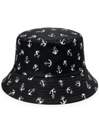 Unisex bucket hat, nautical anchor pattern, black and white color