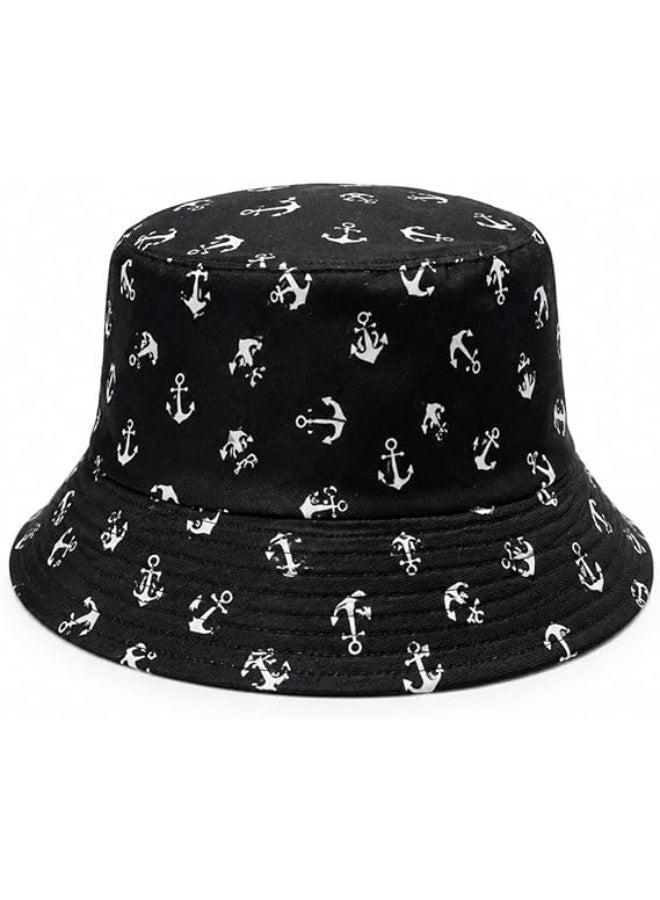 Unisex bucket hat, nautical anchor pattern, black and white color - Image 1