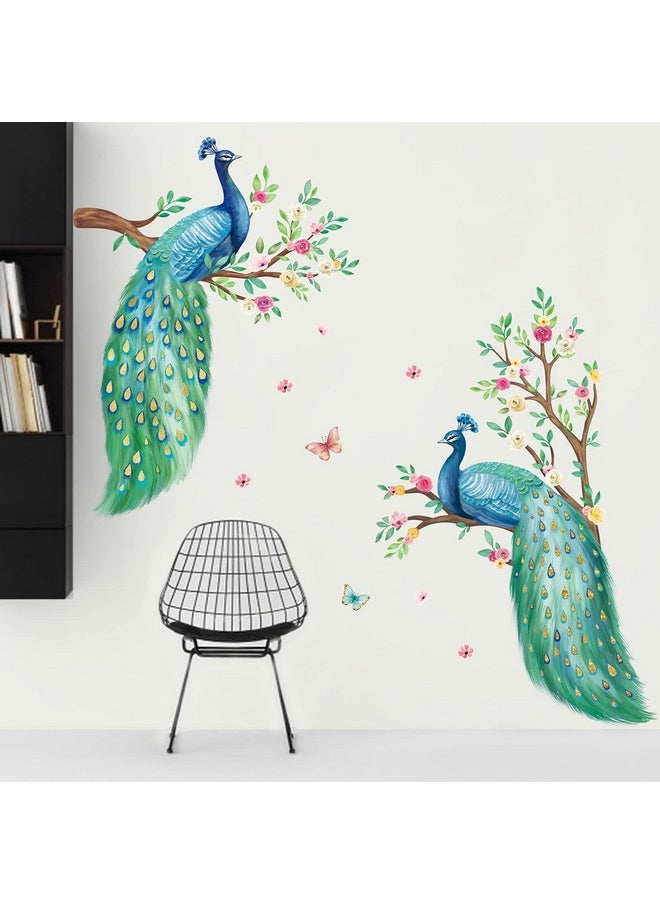decalmile - 2 Large Peacock Wall Decals Flowers Tree Branch Wall Stickers Bedroom Living Room Office Tv Background Wall Decor - Image 1