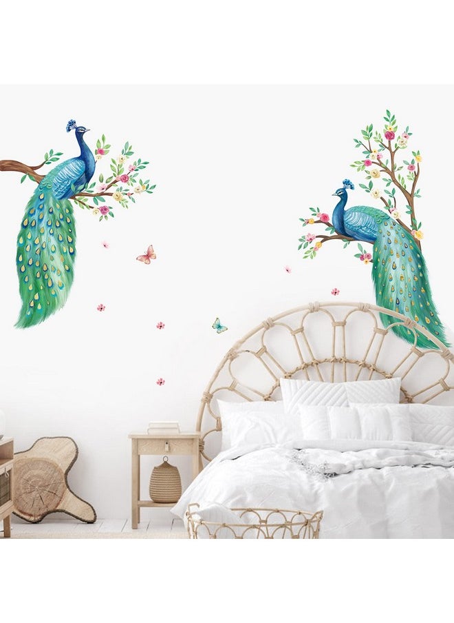 decalmile - 2 Large Peacock Wall Decals Flowers Tree Branch Wall Stickers Bedroom Living Room Office Tv Background Wall Decor - Image 1