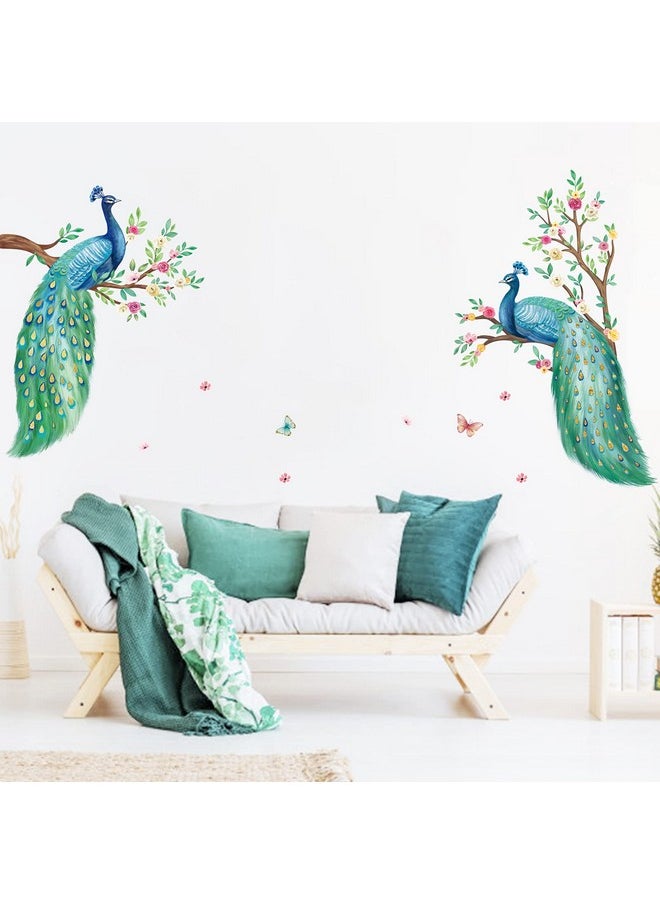 decalmile - 2 Large Peacock Wall Decals Flowers Tree Branch Wall Stickers Bedroom Living Room Office Tv Background Wall Decor - Image 1