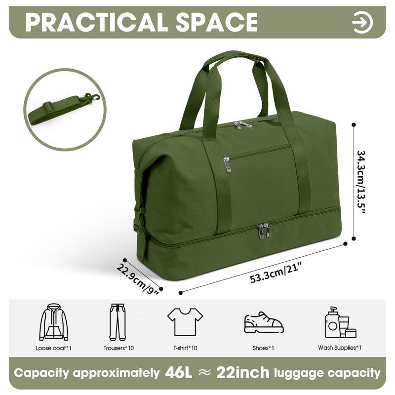 Oeihuivt Weekender Bags for Women - 21 Inch Large Travel Duffel Bag with Shoe Compartment, Heavy-Duty Canvas Leather Carry On Overnight Tote, Green - Image 3