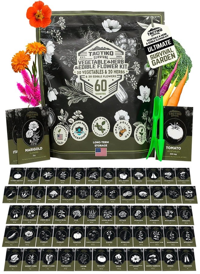 Tactiko Survival طقم بذور النجاة الطبية والبقاء من تكتكو - 60 بذور خضروات وأعشاب وزهور صالحة للأكل من النوع القديم غير المعدل وراثيًا مزروعة في الولايات المتحدة - مخزن إمدادات الطعام الطارئة - تخزين مايلار - أدوات - دليل الزراعة - Image 1