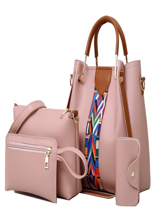 Rullar Women Handbag Set 4 in 1 Top Handle Bag Soft PU Leather Tote Satchel Stitching Shoulder Clutch Bag Purse Wallet Pink - Image 1
