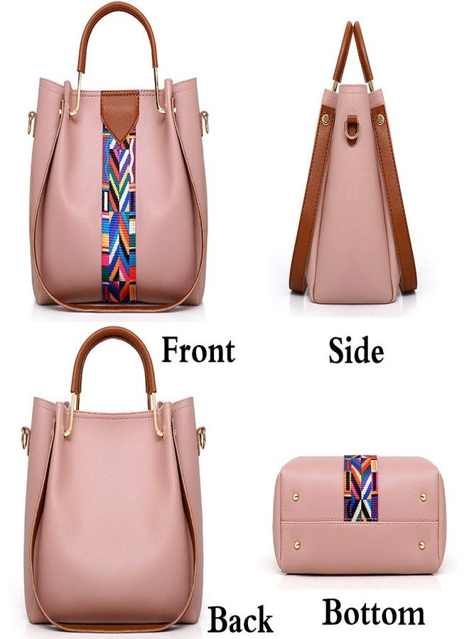 Rullar Women Handbag Set 4 in 1 Top Handle Bag Soft PU Leather Tote Satchel Stitching Shoulder Clutch Bag Purse Wallet Pink - Image 3