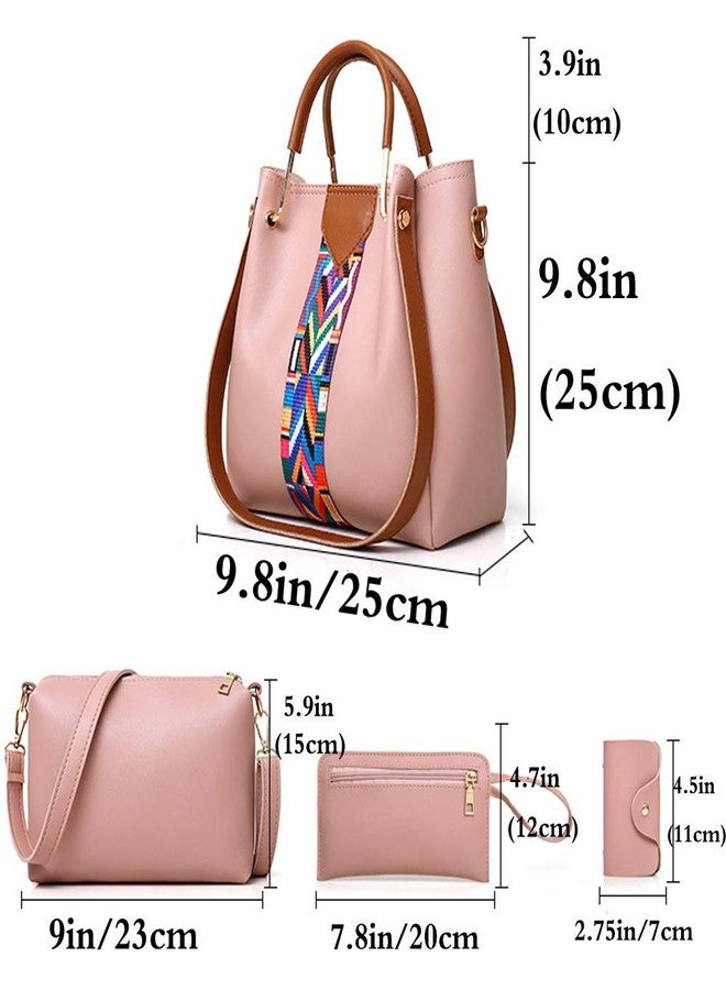 Rullar Women Handbag Set 4 in 1 Top Handle Bag Soft PU Leather Tote Satchel Stitching Shoulder Clutch Bag Purse Wallet Pink - Image 2