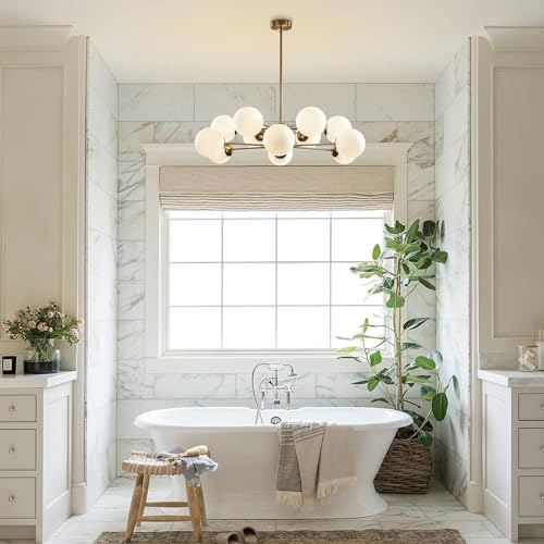 KCO Lighting 12-Light Glass Globe Sputnik Chandelier Light Fixture Mid Century Modern Chandeliers Brushed Brass Chandelier Milk White Glass Ceiling Light Fixture (Gold+White) - Image 4
