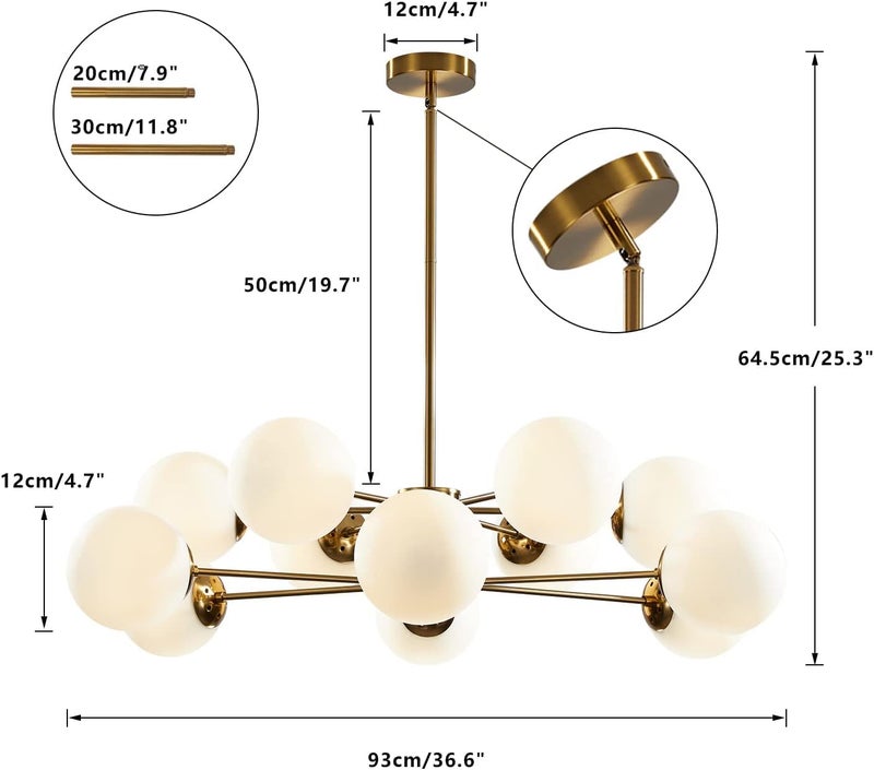 KCO Lighting 12-Light Glass Globe Sputnik Chandelier Light Fixture Mid Century Modern Chandeliers Brushed Brass Chandelier Milk White Glass Ceiling Light Fixture (Gold+White) - Image 2