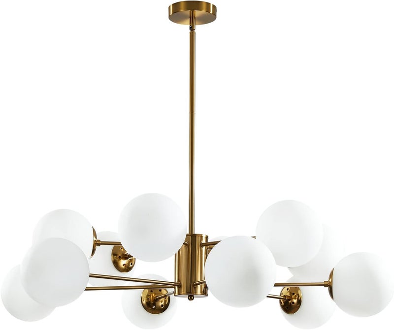 KCO Lighting 12-Light Glass Globe Sputnik Chandelier Light Fixture Mid Century Modern Chandeliers Brushed Brass Chandelier Milk White Glass Ceiling Light Fixture (Gold+White) - Image 1