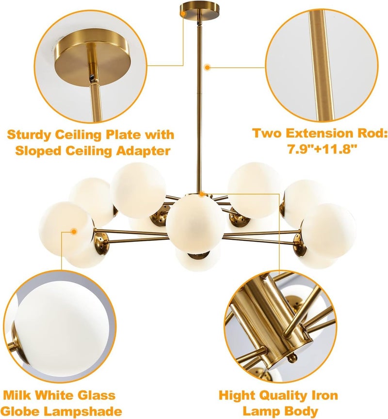 KCO Lighting 12-Light Glass Globe Sputnik Chandelier Light Fixture Mid Century Modern Chandeliers Brushed Brass Chandelier Milk White Glass Ceiling Light Fixture (Gold+White) - Image 3