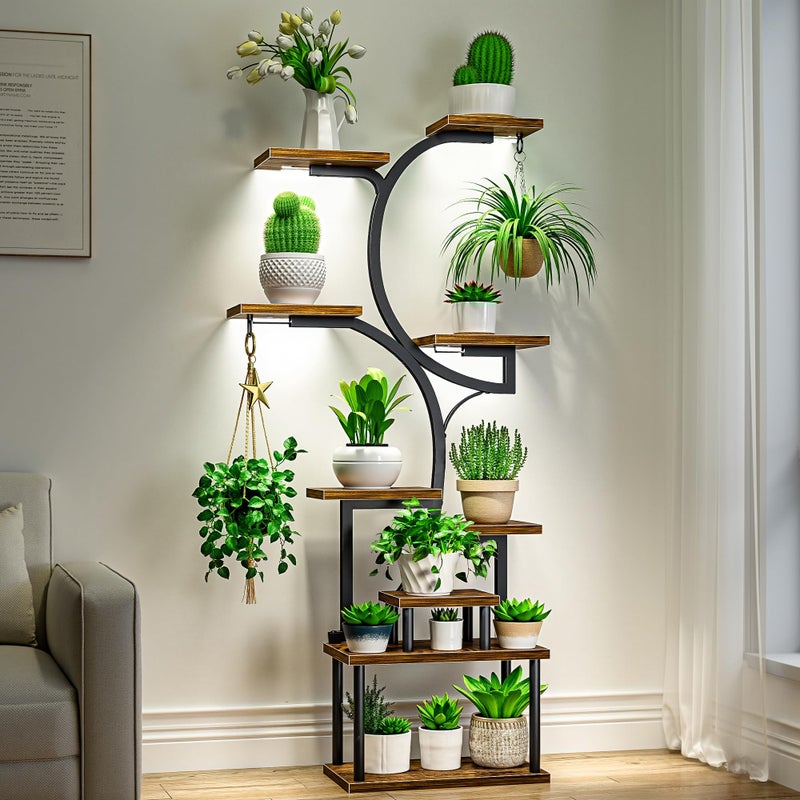 VECELO 66.1" Tall Plant Stand Indoor with Grow Lights, 9-Tier Plant Shelf with Hanging Hooks, S-Shaped Metal Plant Rack, Space-Saving for Home, Living Room & Corner Spaces, Brown - Image 1