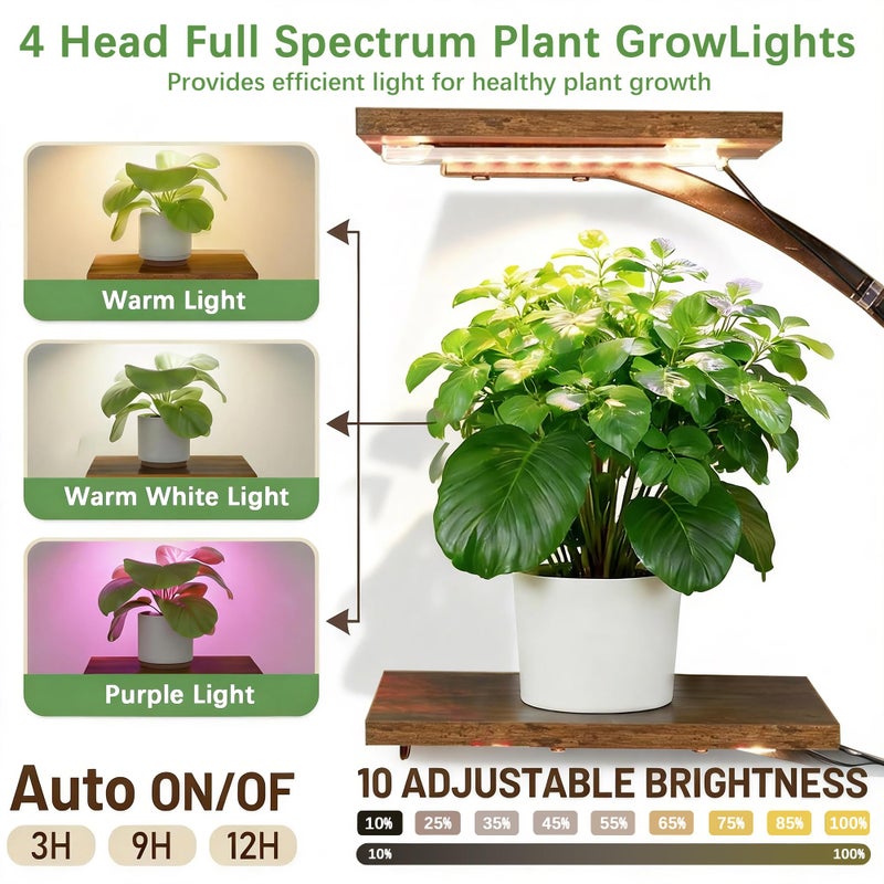 VECELO 66.1" Tall Plant Stand Indoor with Grow Lights, 9-Tier Plant Shelf with Hanging Hooks, S-Shaped Metal Plant Rack, Space-Saving for Home, Living Room & Corner Spaces, Brown - Image 4