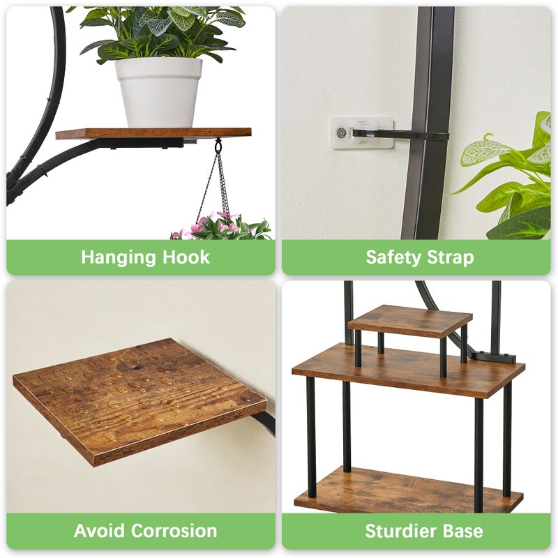 VECELO 66.1" Tall Plant Stand Indoor with Grow Lights, 9-Tier Plant Shelf with Hanging Hooks, S-Shaped Metal Plant Rack, Space-Saving for Home, Living Room & Corner Spaces, Brown - Image 5