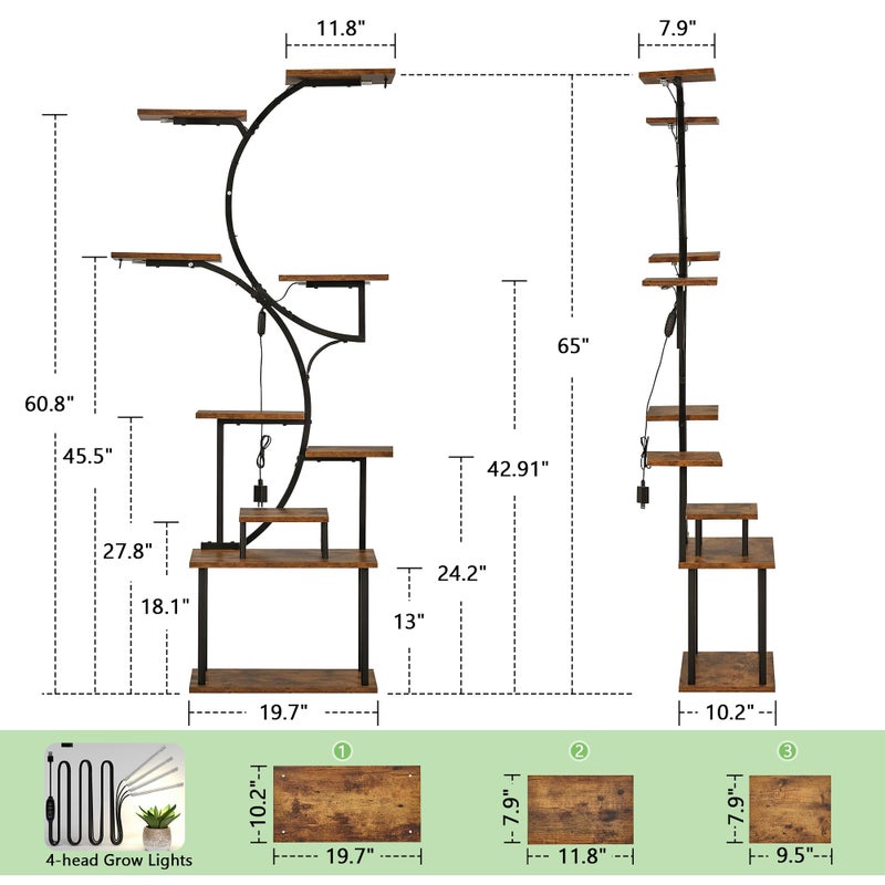 VECELO 66.1" Tall Plant Stand Indoor with Grow Lights, 9-Tier Plant Shelf with Hanging Hooks, S-Shaped Metal Plant Rack, Space-Saving for Home, Living Room & Corner Spaces, Brown - Image 2