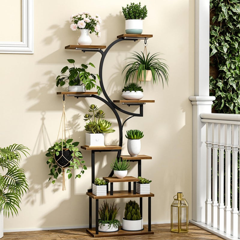 VECELO 66.1" Tall Plant Stand Indoor with Grow Lights, 9-Tier Plant Shelf with Hanging Hooks, S-Shaped Metal Plant Rack, Space-Saving for Home, Living Room & Corner Spaces, Brown - Image 3