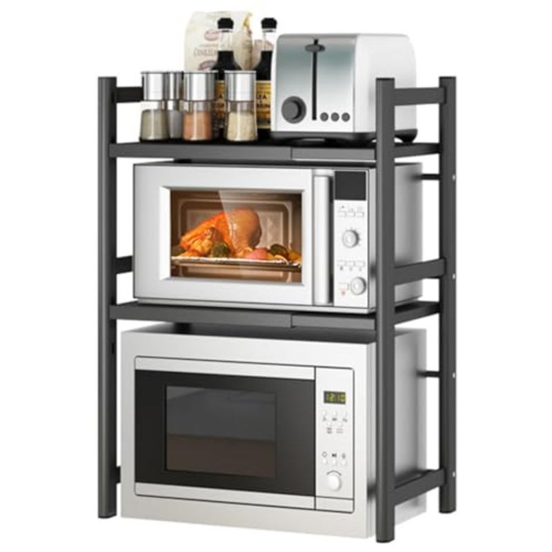 Extendable Microwave Oven Rack for Kitchen Counter Top: Heavy Duty Steel, Black, Adjustable Height Length, 2-Tier with 6 Hooks, 55lbs Capacity - Image 1
