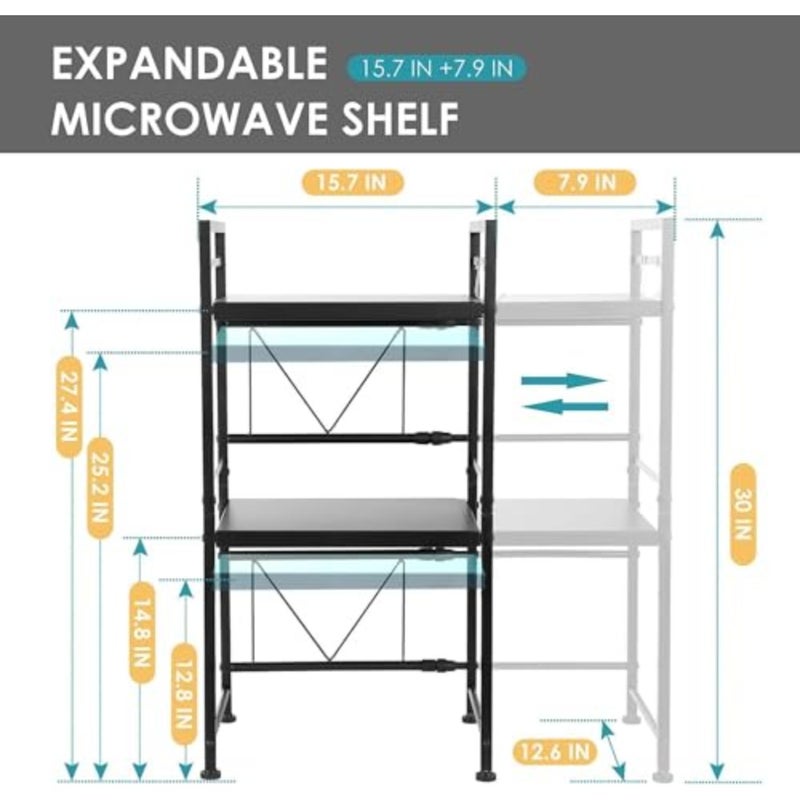 Extendable Microwave Oven Rack for Kitchen Counter Top: Heavy Duty Steel, Black, Adjustable Height Length, 2-Tier with 6 Hooks, 55lbs Capacity - Image 4