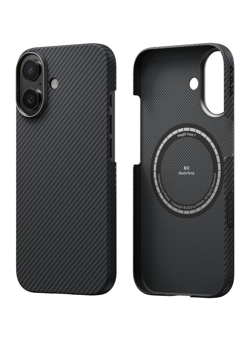 PITAKA حافظة بيتاكا لهاتف آيفون 17 مقاس 6.3" مع زر التحكم في الكاميرا، متوافقة مع ماج سيف، حافظة فائقة النحافة مع شعور بدون حافظة، مصنوعة من ألياف الأراميد 600D، باللون الأسود/الرمادي (تويل) - Image 1