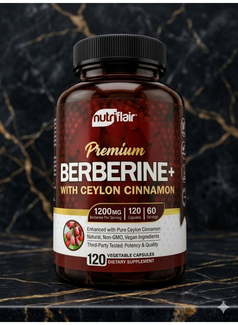 NutriFlair Premium Berberine Hcl 1200Mg, 120 Capsules - Plus Pure True Ceylon Cinnamon - Image 1
