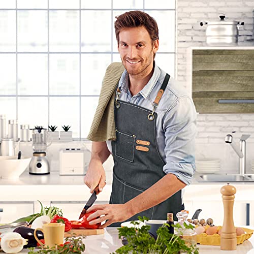 ZOMAO Chef Apron, Cotton Canvas Cross Back Adjustable Apron with Pockets for Women and Men, Kitchen Cooking Baking Bib Apron, Adjustable Strap and Large Pockets,Canvas, M-XXL - Image 2