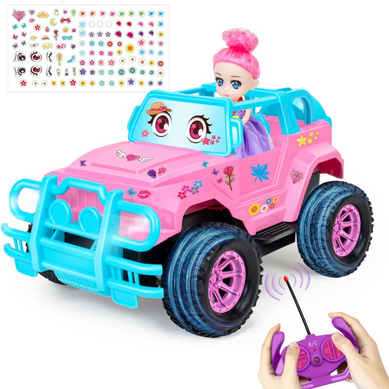 Ynanimery Remote Control Car RC Truck with DIY Stickers and Doll for Kids Girls Birthday 120 Scale RC Truck Full Functions Creative Racing Car for Toddlers Kids Indoor Outdoor Games Pink - Image 2