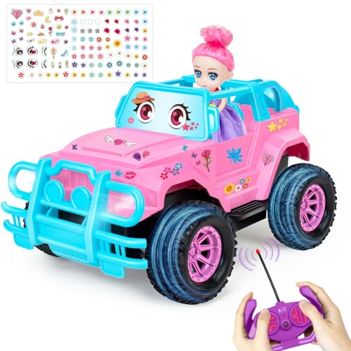 Ynanimery Remote Control Car RC Truck with DIY Stickers and Doll for Kids Girls Birthday 120 Scale RC Truck Full Functions Creative Racing Car for Toddlers Kids Indoor Outdoor Games Pink - Image 1