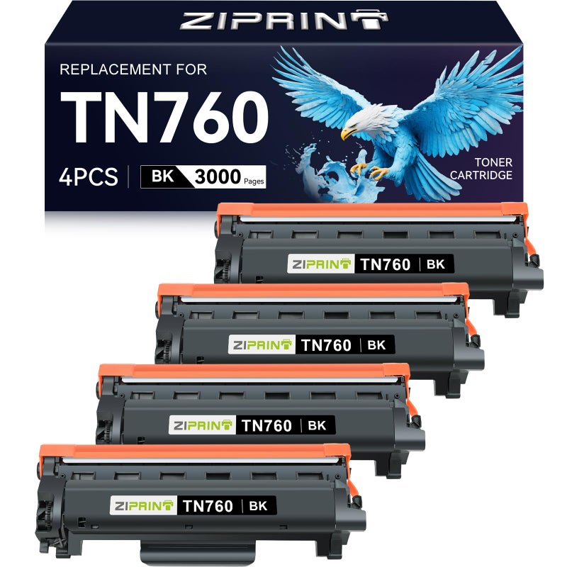 ZIPRINT TN760 Toner Cartridges Compatible Replacement for Brother TN760 TN-730 TN730 for MFC-L2710DW MFC-L2750DW DCP-L2550DW HL-L2350DW HL-L2395DW HL-L2370DW (Black, 4 Pack) - Image 1