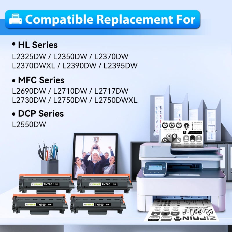 ZIPRINT TN760 Toner Cartridges Compatible Replacement for Brother TN760 TN-730 TN730 for MFC-L2710DW MFC-L2750DW DCP-L2550DW HL-L2350DW HL-L2395DW HL-L2370DW (Black, 4 Pack) - Image 2
