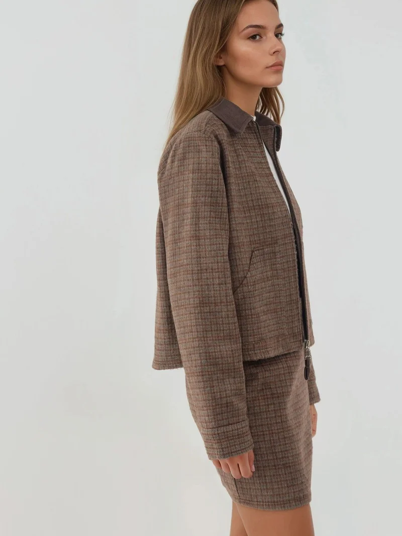 HICCUP Plaid Patterned Wool Blend Jacket with Suede Collar