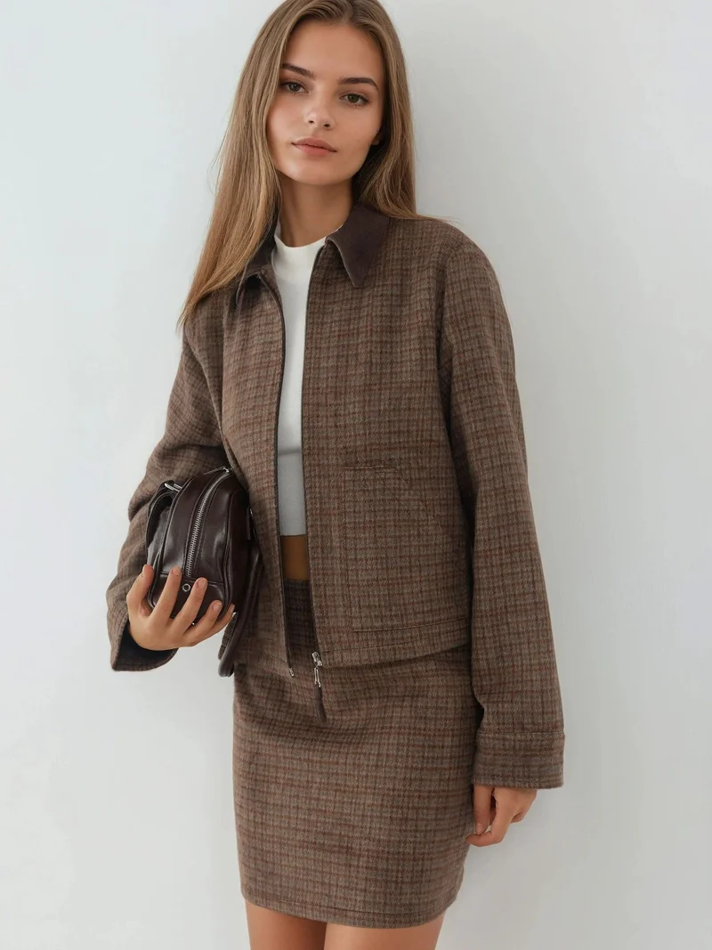 HICCUP Plaid Patterned Wool Blend Jacket with Suede Collar