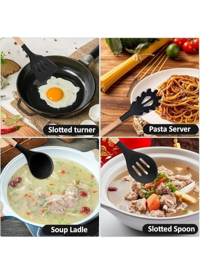 ELTRAZONE 12Pcs Silicone Kitchen Cooking Spatula Set with Holder, Wooden Handle Heat Resistant Cookware Utensils Set, Non-Stick Kitchen Tools for Baking & Cooking - Image 3