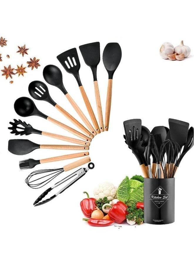 ELTRAZONE 12Pcs Silicone Kitchen Cooking Spatula Set with Holder, Wooden Handle Heat Resistant Cookware Utensils Set, Non-Stick Kitchen Tools for Baking & Cooking - Image 1
