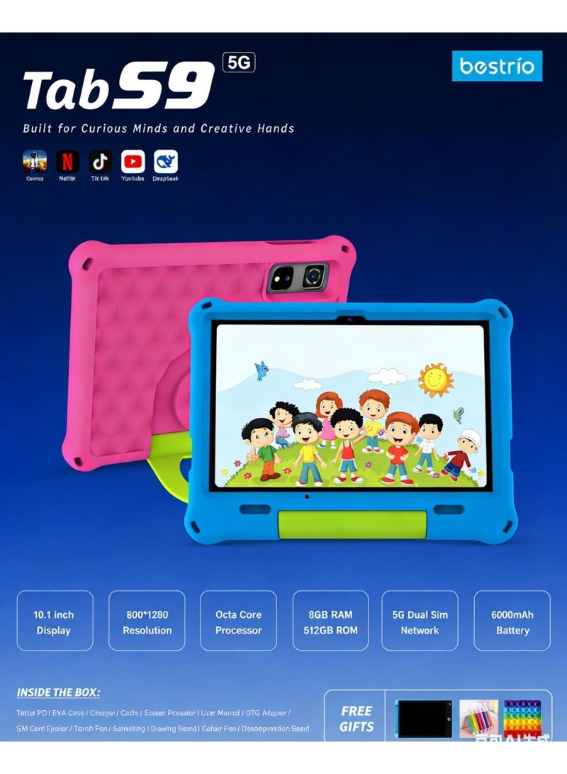 BESTRIO جهاز Bestrio Tab S9 5G اللوحي للأطفال بشاشة 10.1 بوصة، وذاكرة وصول عشوائي 8 جيجابايت، وذاكرة تخزين داخلية 512 جيجابايت، وبطارية 6000 مللي أمبير - أزرق - Image 2