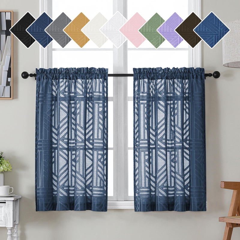 Simplebrand Navy Blue Sheer Kitchen Curtains 36 Inch Length Tier Curtains 2 Panels, Light Filtering Geometric Jacquard Clip Textured Semi Sheer Curtains Short Window Curtains for Bathroom, 42x36 inch - Image 1