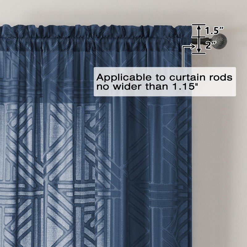 Simplebrand Navy Blue Sheer Kitchen Curtains 36 Inch Length Tier Curtains 2 Panels, Light Filtering Geometric Jacquard Clip Textured Semi Sheer Curtains Short Window Curtains for Bathroom, 42x36 inch - Image 4