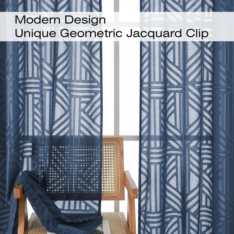 Simplebrand Navy Blue Sheer Kitchen Curtains 36 Inch Length Tier Curtains 2 Panels, Light Filtering Geometric Jacquard Clip Textured Semi Sheer Curtains Short Window Curtains for Bathroom, 42x36 inch - Image 3